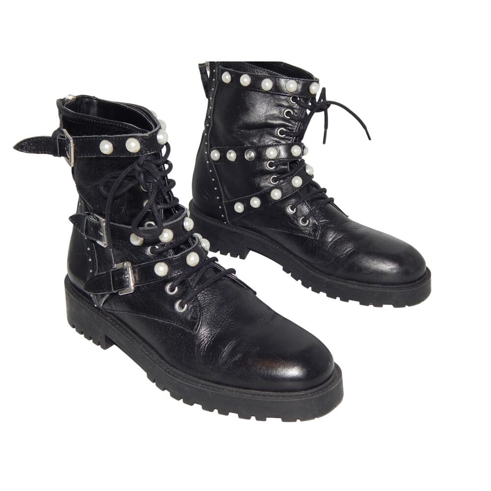 Zara Motorcycle Combact Black Leather Boots Size 39